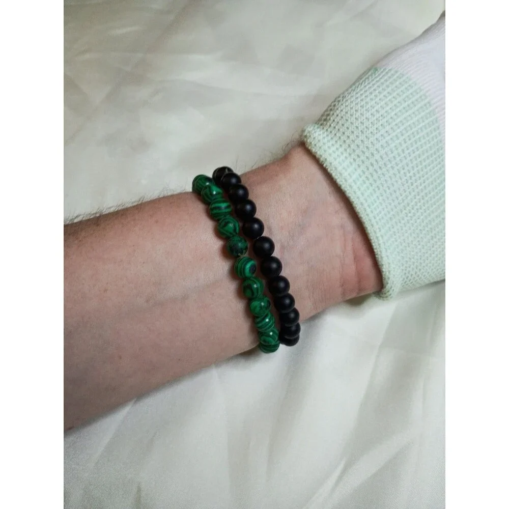 Lot of 2 Beaded Stretch Bracelets - Malachite Green + Matte Black